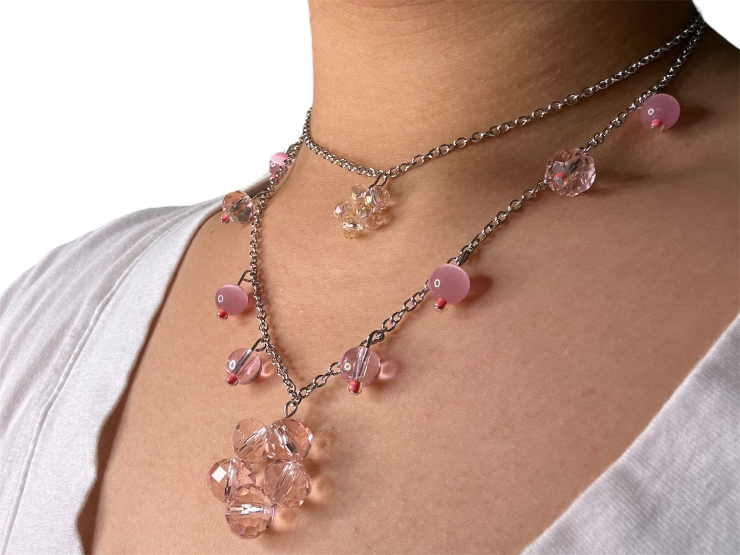 Glass Bead Necklace Pink Flower