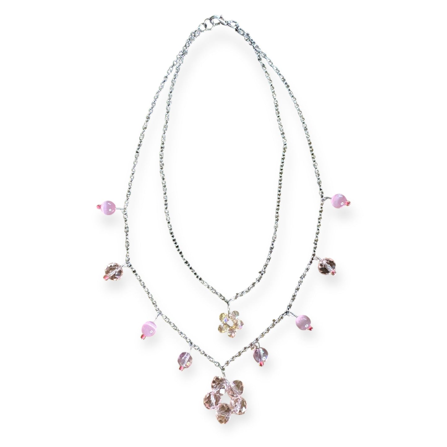 Glass Bead Necklace Pink Flower