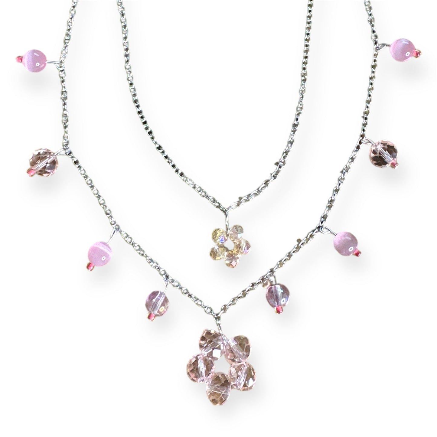 Glass Bead Necklace Pink Flower