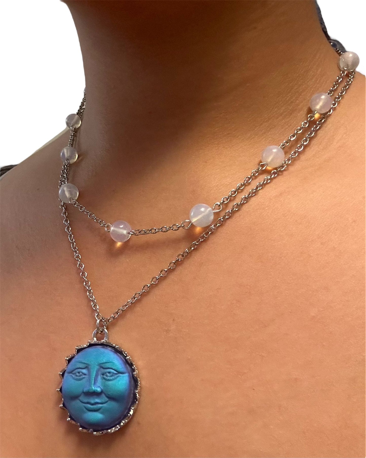 Glass Bead and Nickel Necklass with Smiling Moon